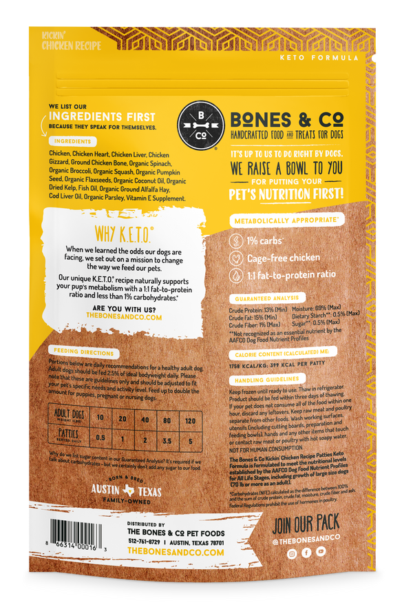 Bones & Co. Kickin Chicken Frozen Patties Dog Food