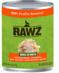Rawz Hunks in Broth Chicken Breast, Pumpkin, New Zealand Green Mussels Recipe Canned Dog Food