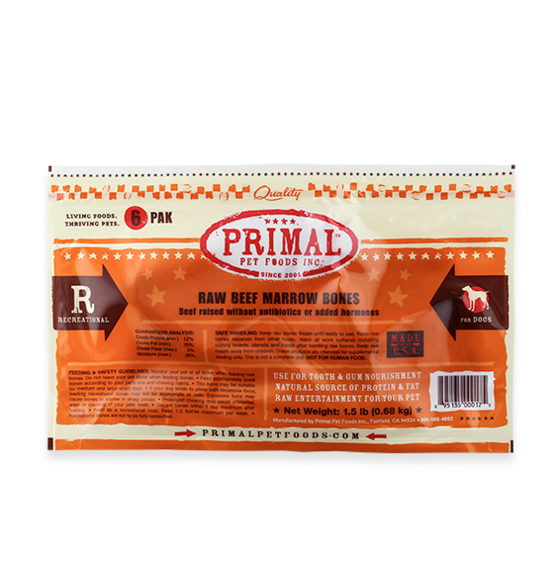 Primal Raw Recreational Beef Marrow Bones 6 Pack