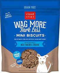 Cloud Star Wag More Bark Less Grain Free Mini Biscuits With Beef Bacon and Cheese Dog Treats